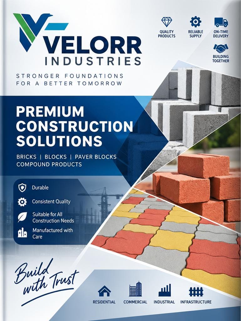 Illustration of Velorr Industries manufacturing yard with stacked bricks and blocks