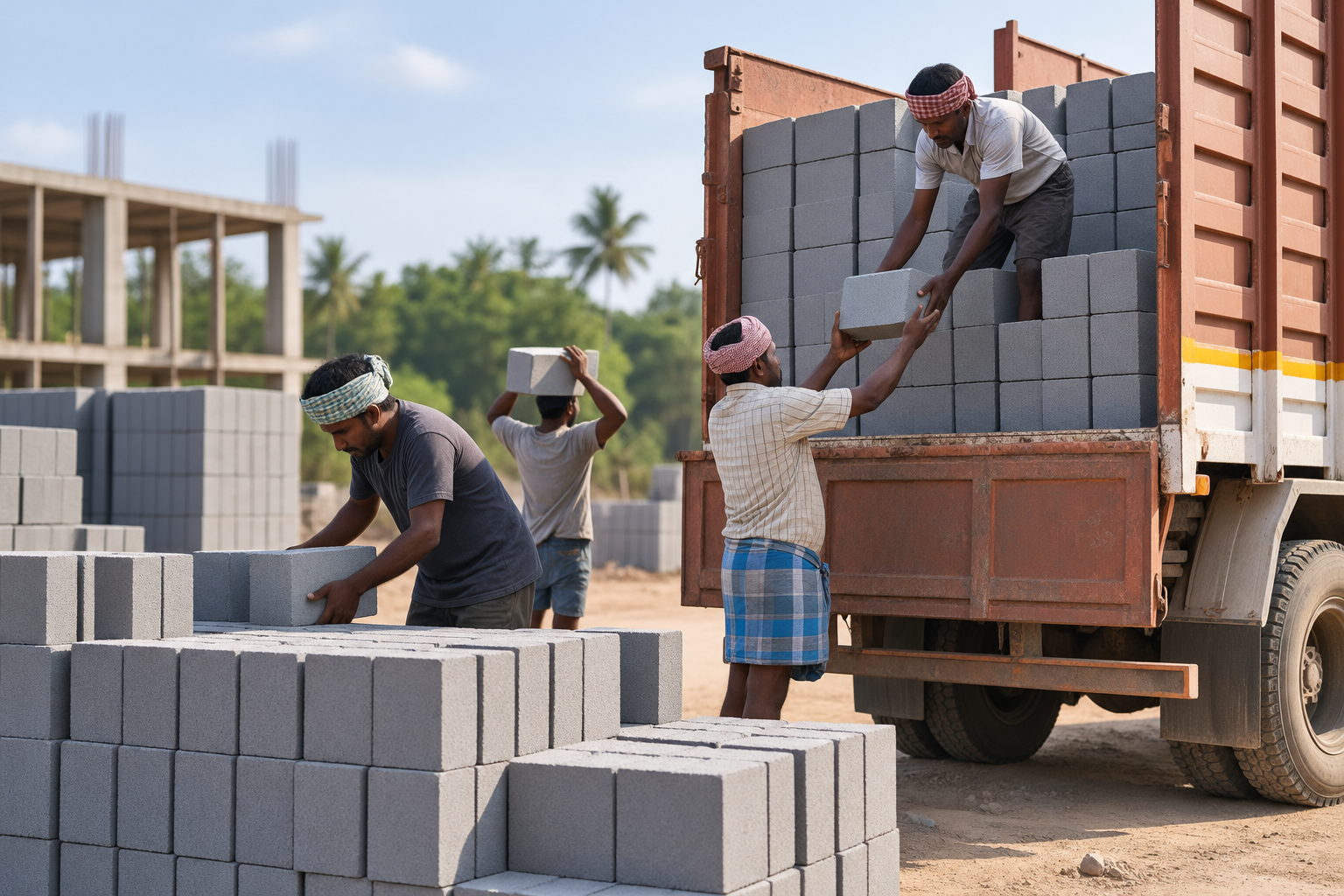 Workers unloading fly ash bricks for delivery